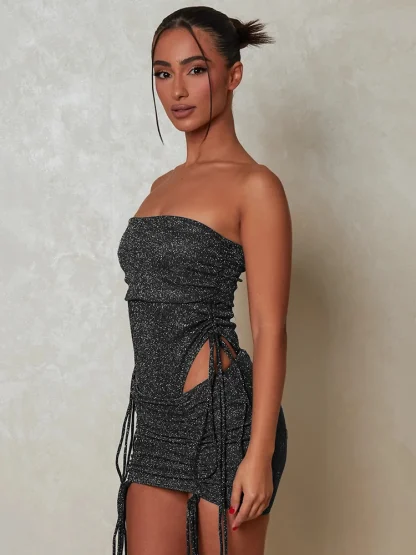 Glitter Drawstring Strapless Dress Set - Image 4