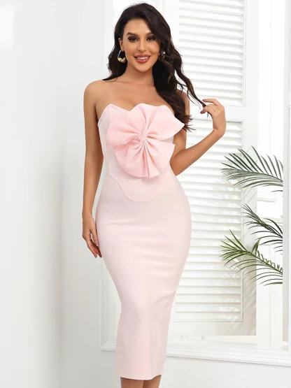 Elegant Pink Bow Strapless Dress - Image 4