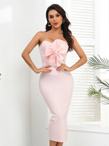 Elegant Pink Bow Strapless Dress - Image 5