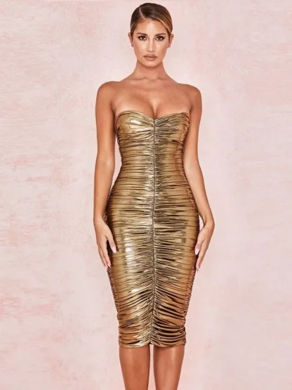 Shiny Ruched Strapless Dress - Image 2