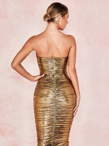 Shiny Ruched Strapless Dress - Image 3