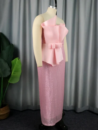 Elegant Sequins Pink Strapless Dress - Image 3
