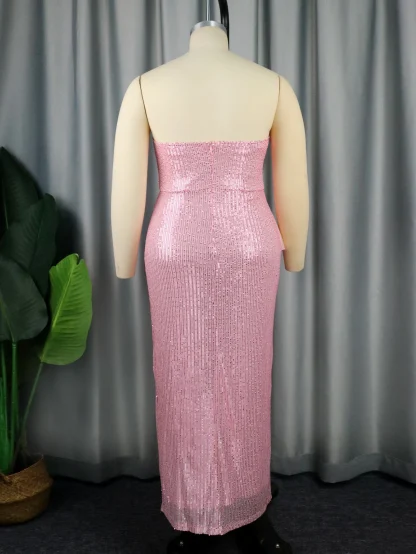Elegant Sequins Pink Strapless Dress - Image 4