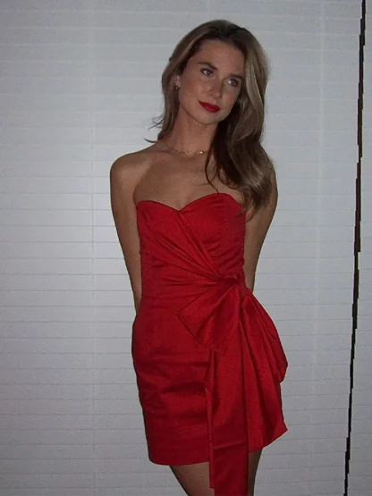 Red Bow Tie Strapless Dresses - Image 3
