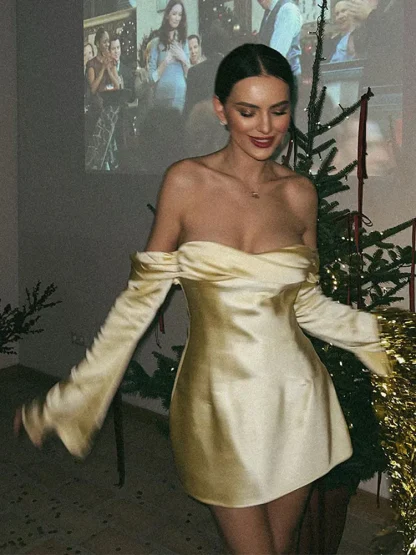 Solid Off-shoulder Strapless Dress - Image 2