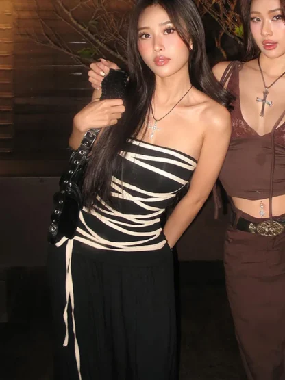 Black Lace-up Maxi Strapless Dresses - Image 4