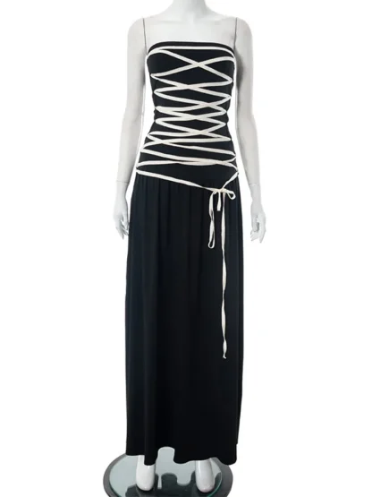 Black Lace-up Maxi Strapless Dresses - Image 6