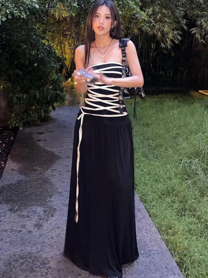 Black Lace-up Maxi Strapless Dresses
