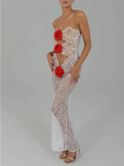 Sheer Lace Maxi Strapless Dresses - Image 5