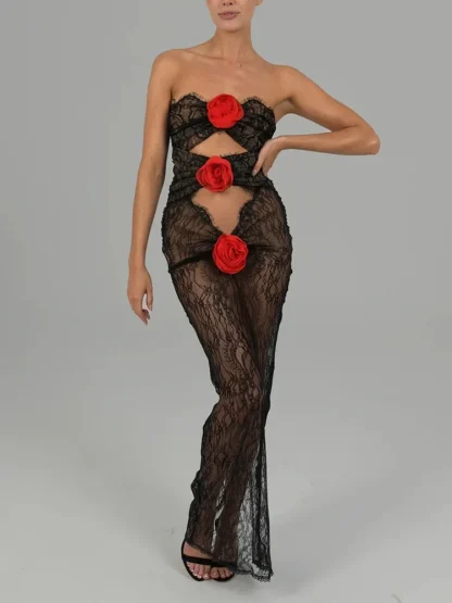 Sheer Lace Maxi Strapless Dresses