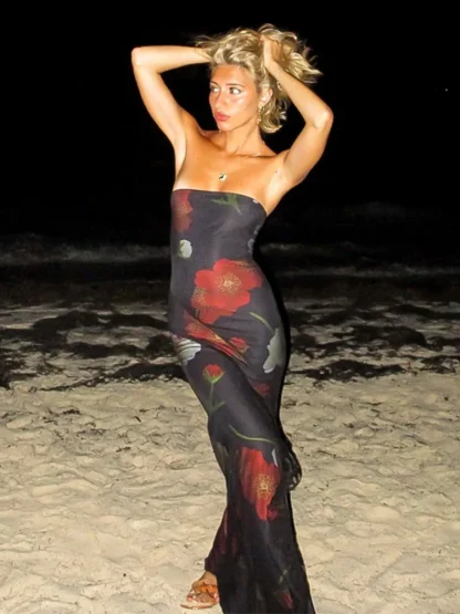 Floral Print Maxi Strapless Dresses - Image 3