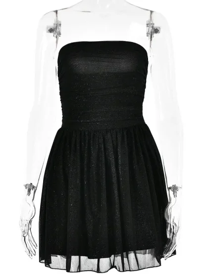 Black Glittered Strapless Flowy Dress - Image 5