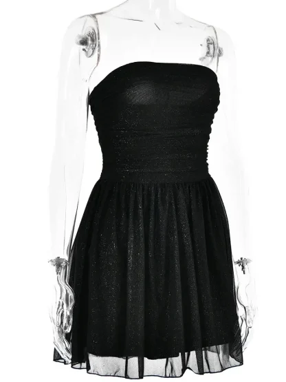 Black Glittered Strapless Flowy Dress - Image 6