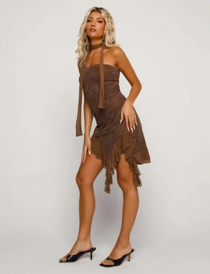 Irregular Ruffle Hem Strapless Dresses - Image 5