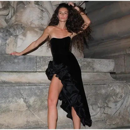 Thigh High Ruffle Hem Strapless Dress - Image 3
