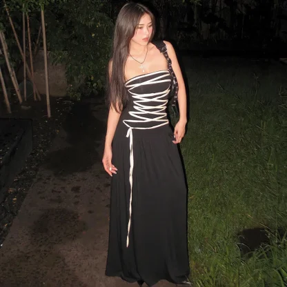 Black Lace-up Maxi Strapless Dresses - Image 3