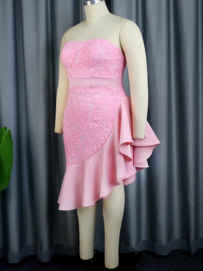 Pink Lace Patchwork Strapless Dress - Image 3