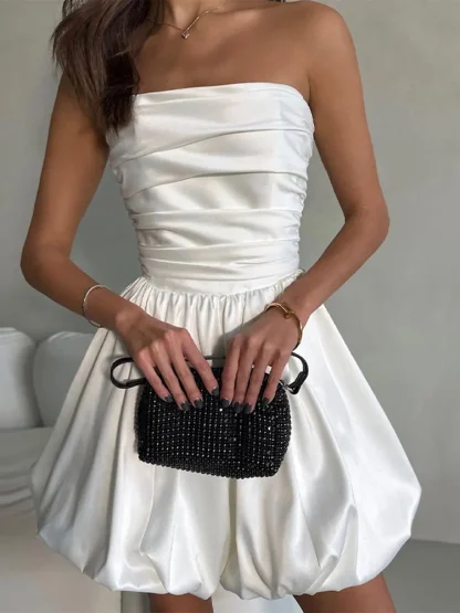 Solid Bubble Strapless Dresses - Image 2